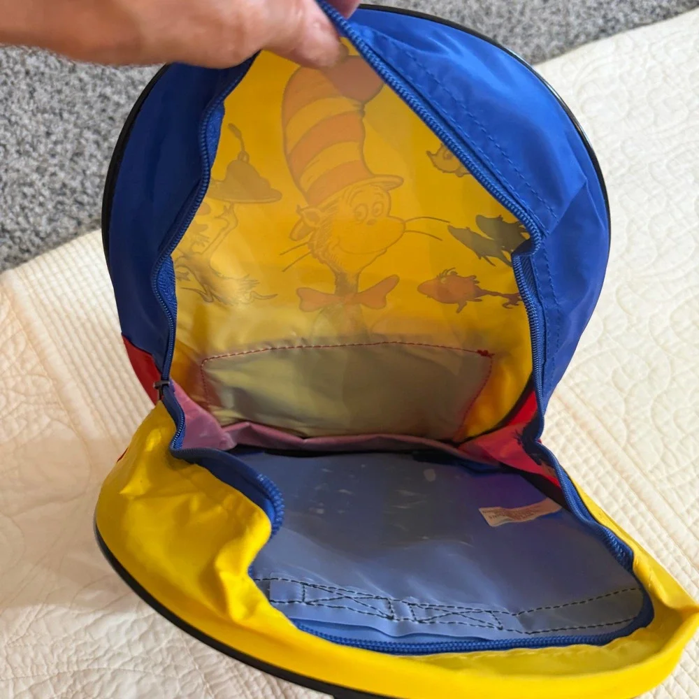 Vintage 1997 Dr Seuss and His Friends Cat in the Hat Kids Backpack Yellow Blue